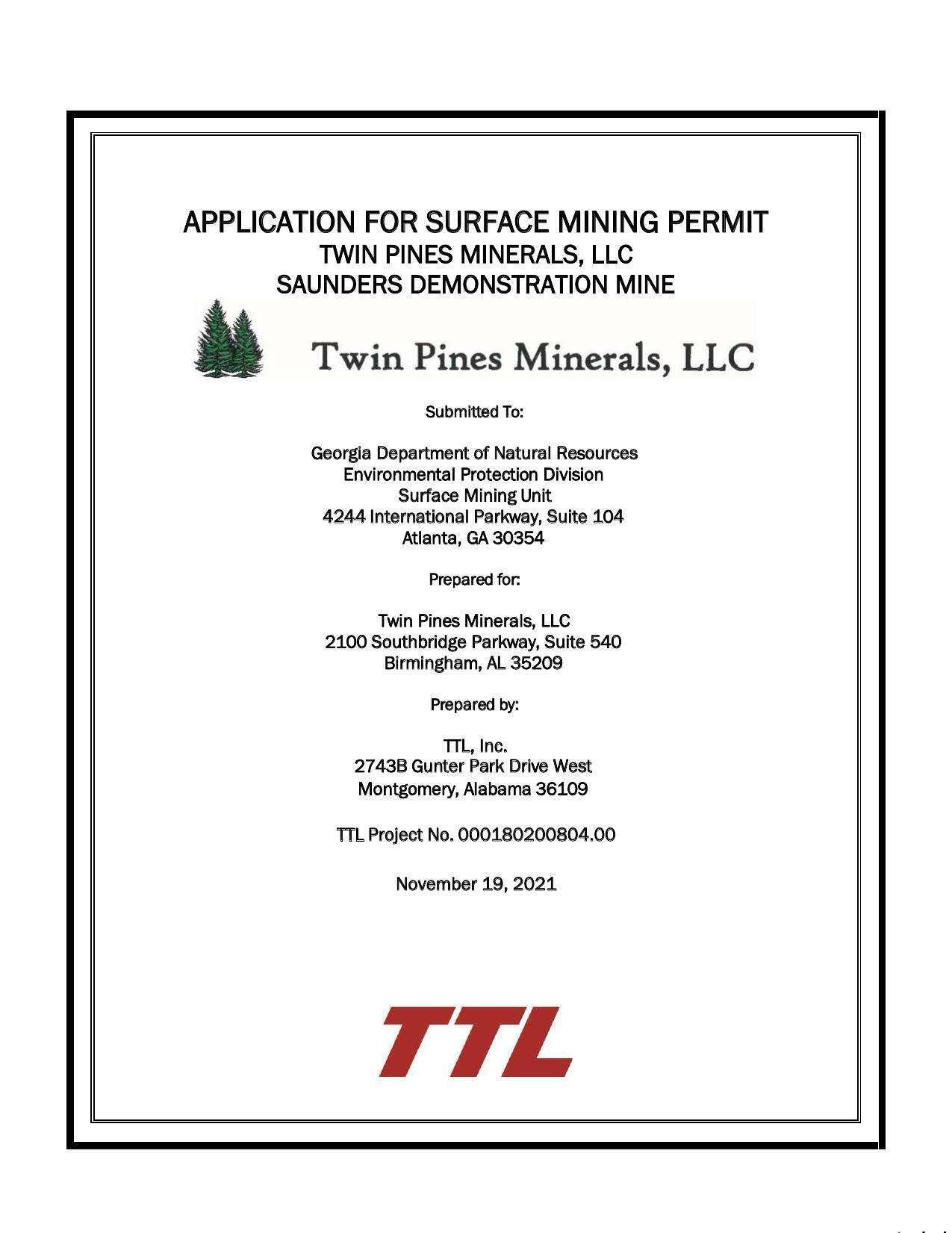 APPLICATION FOR SURFACE MINING PERMIT