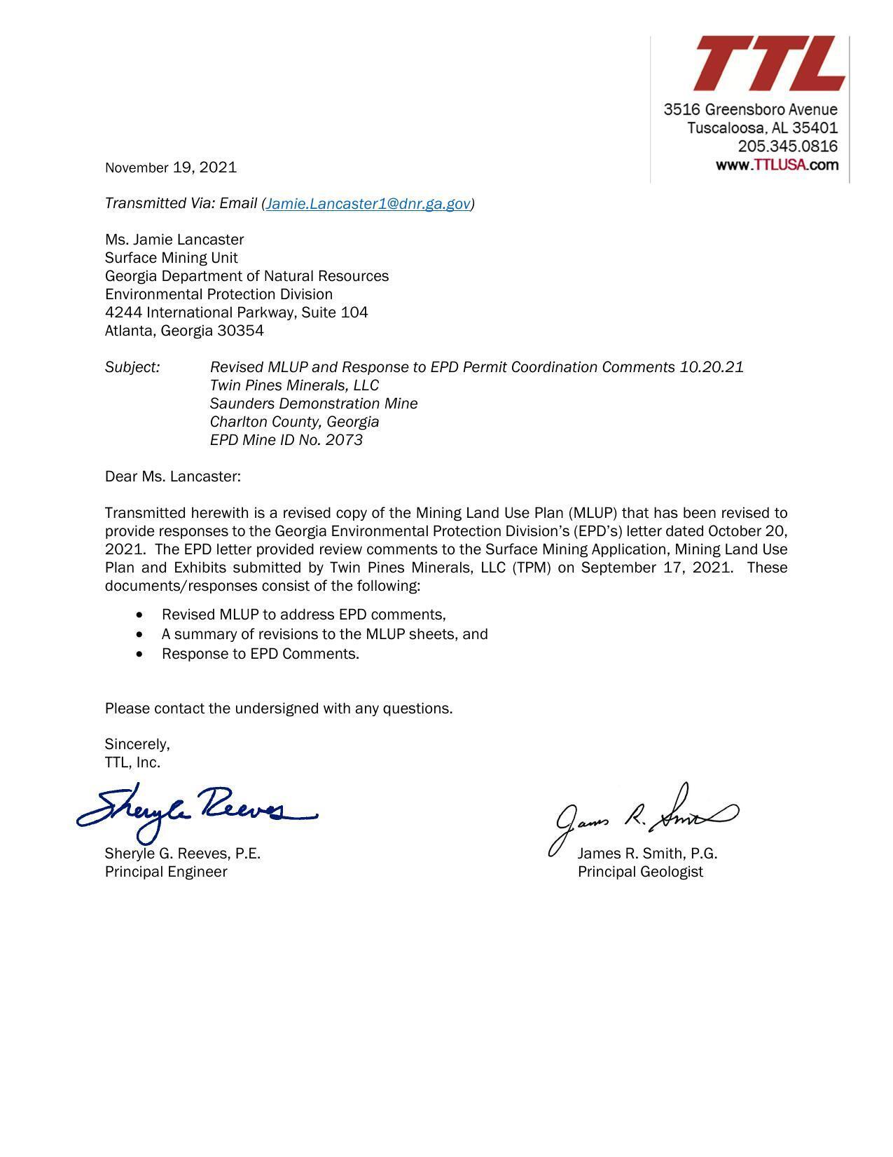 Revised MLUP and Response to EPD Permit Coordination Comments 10.20.21