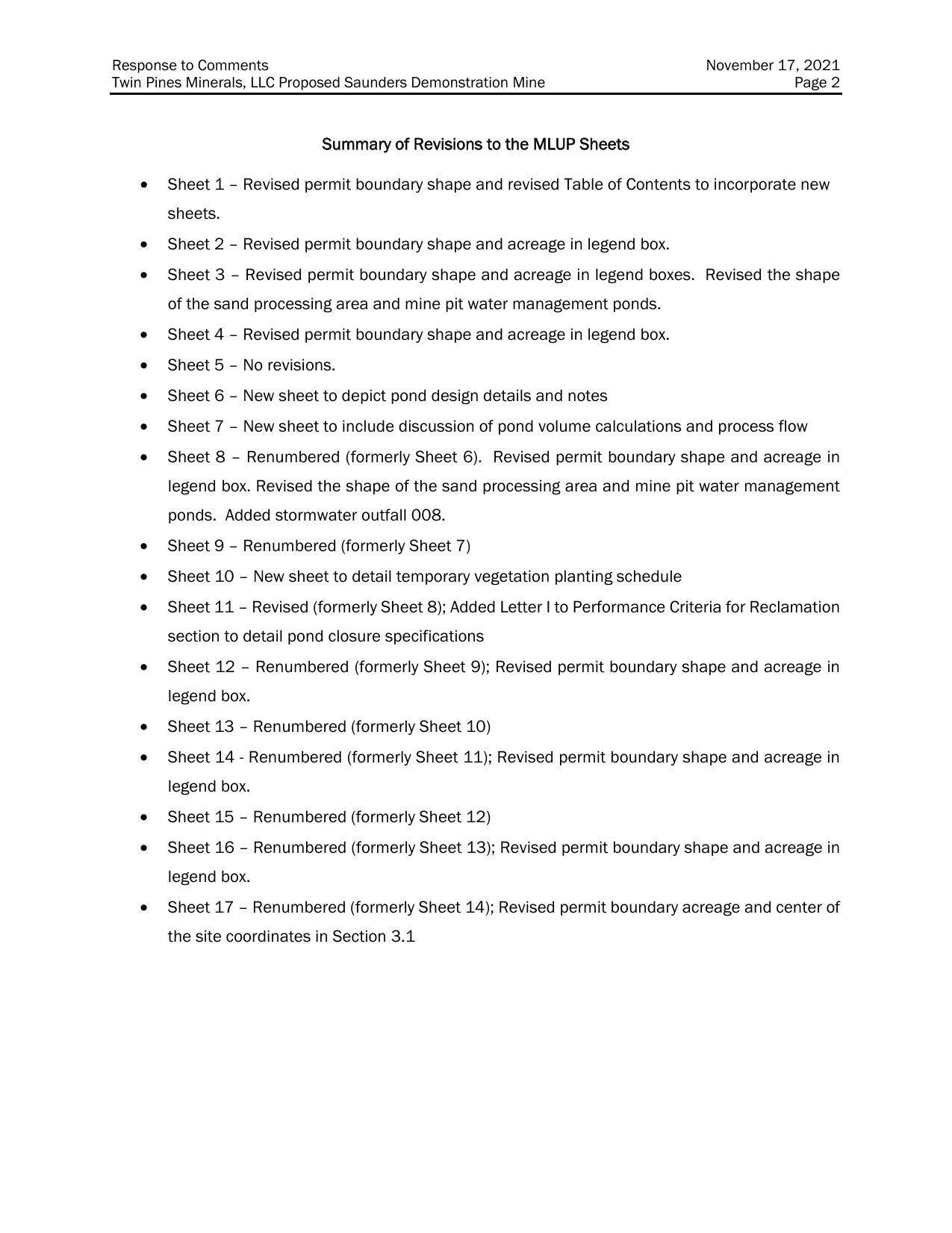 Summary of Revisions to the MLUP Sheets