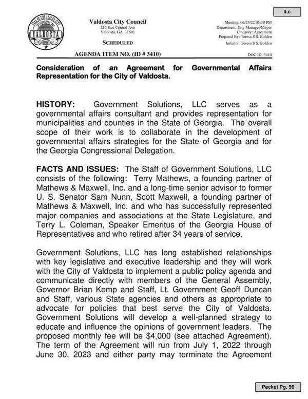 [Agreement for Representation for the City of Valdosta.]