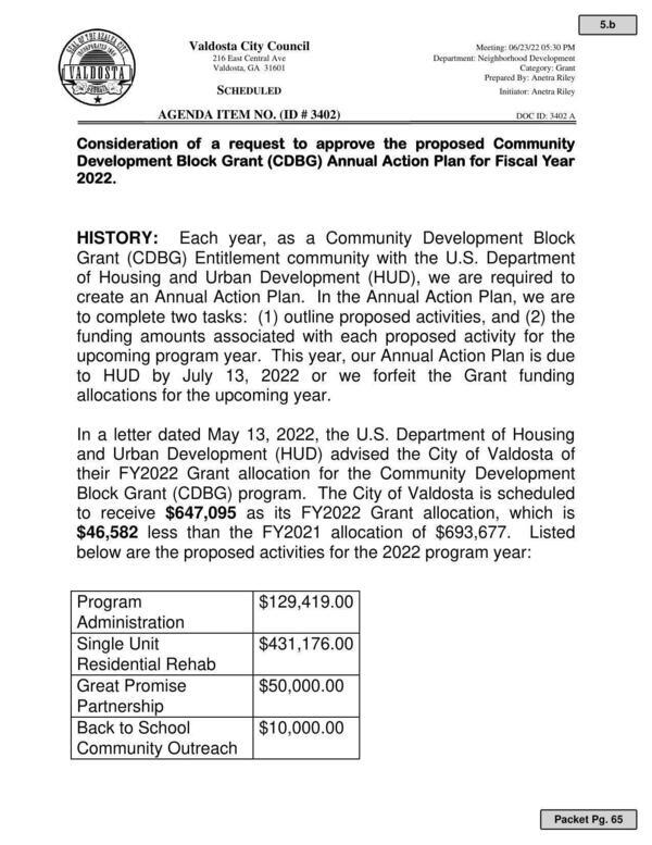 [approve the proposed Community Development Block Grant (CDBG) Annual Action Plan for Fiscal Year 2022.]