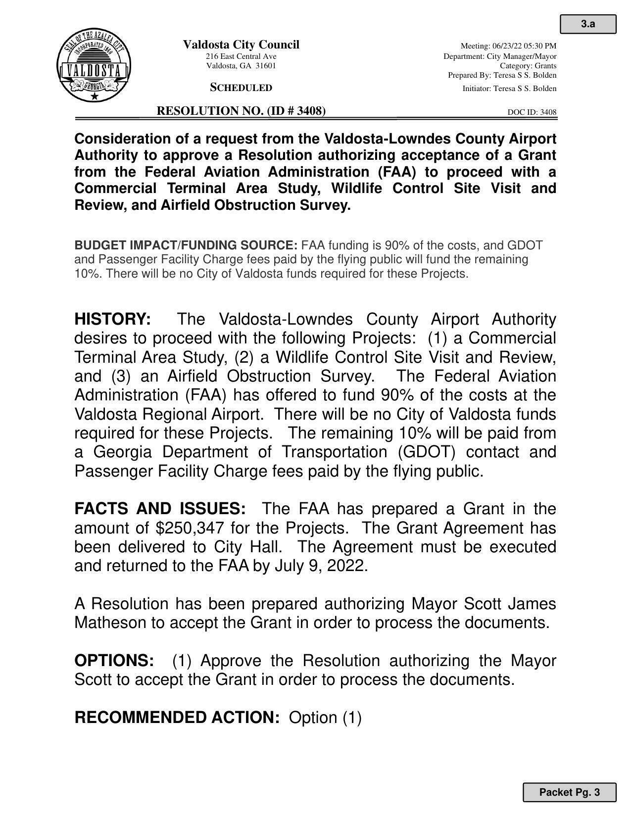 FAA Commercial Terminal Area Study, Wildlife Control Site Visit and Review, and Airfield Obstruction Survey.