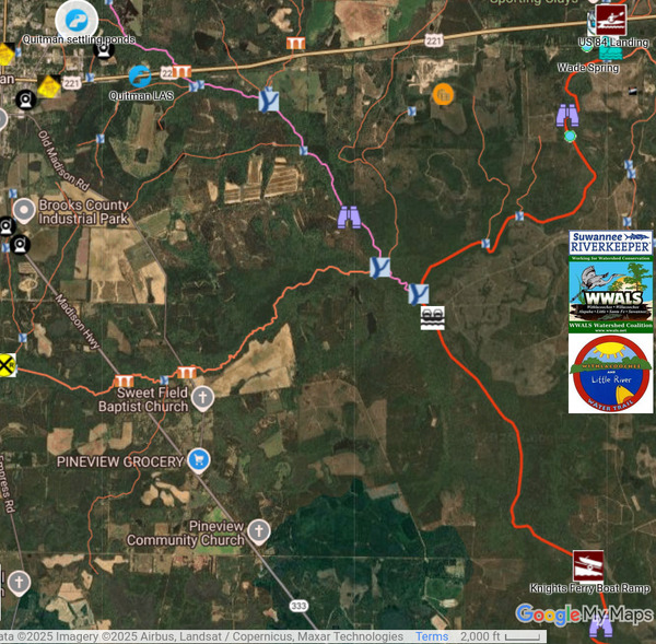 [Map: Quitman Sewage Settling Ponds, Okapilco Creek, Knights Ferry Boat Ramp, Withlacoochee River]