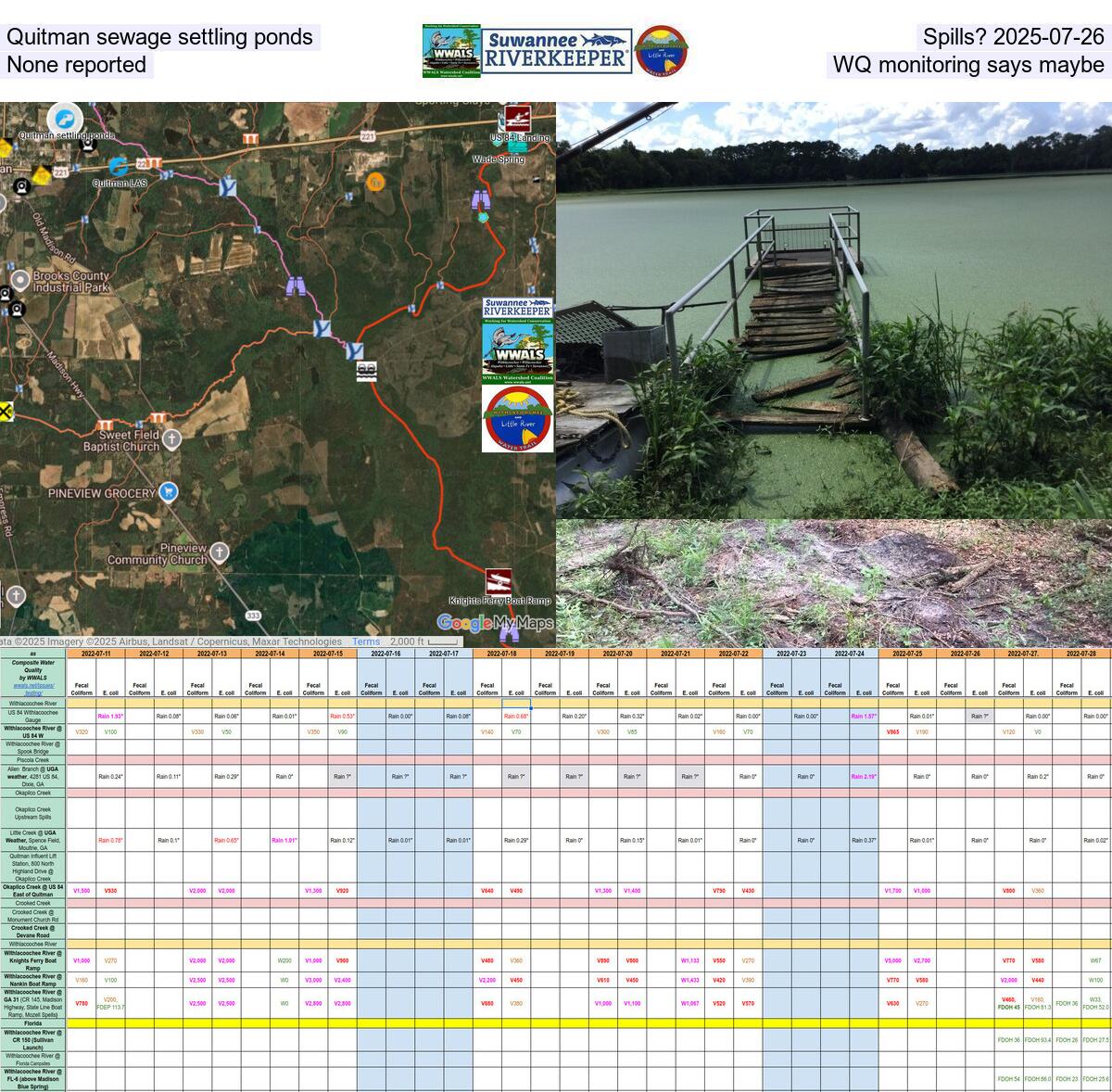 [Quitman sewage settling ponds: Spills? 2025-07-26, None reported, WQ monitoring says maybe]