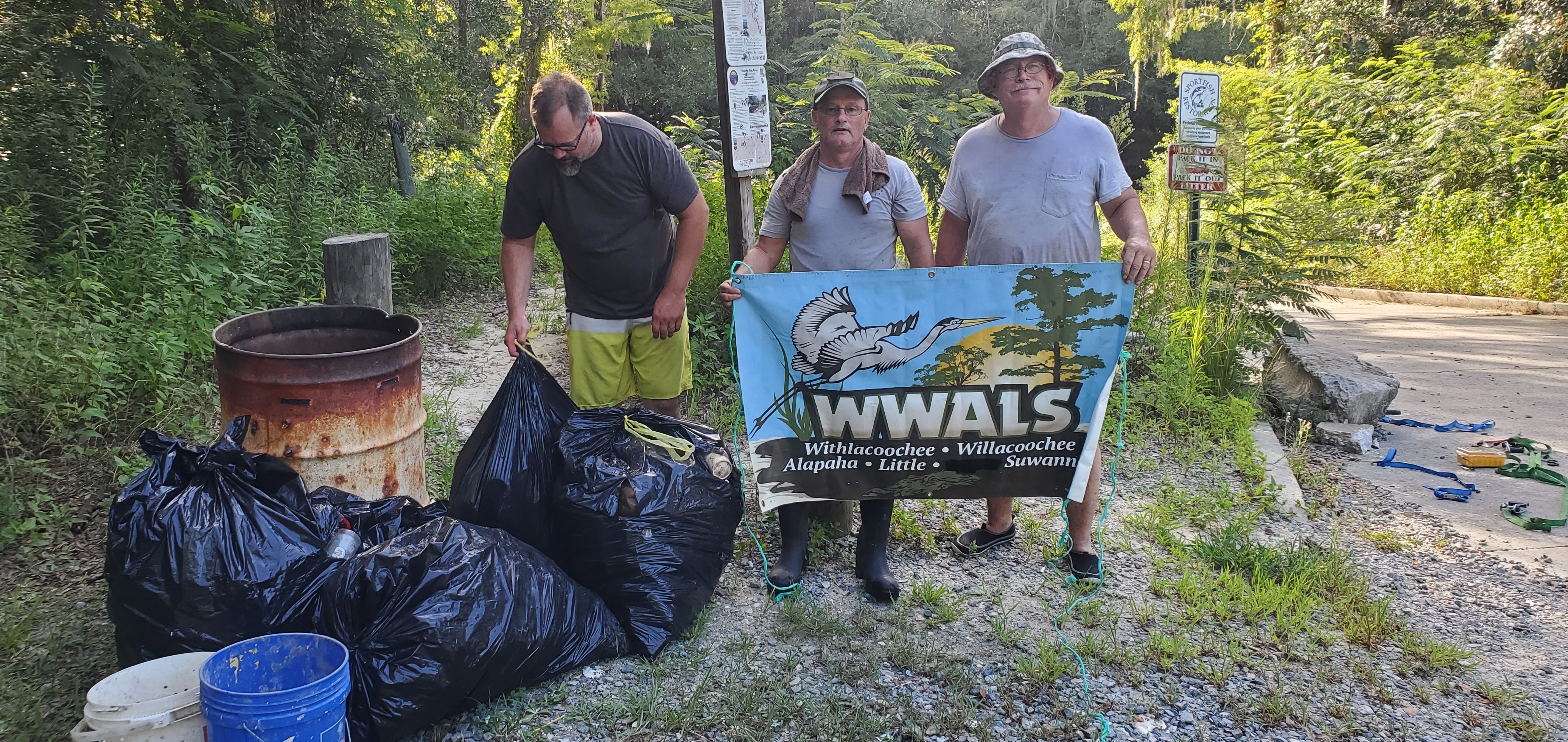 Bobby, Russell, Shawn, with trash at Troupville Boat Ramp, 18:16:30, 30.8512558, -83.3472617