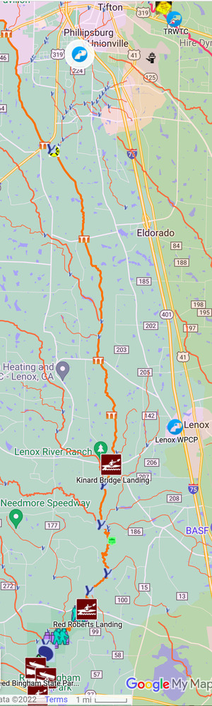 [map: Tifton spill to Reed Bingham State Park]