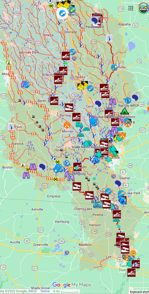 [Map: Tifton to Suwannee River]