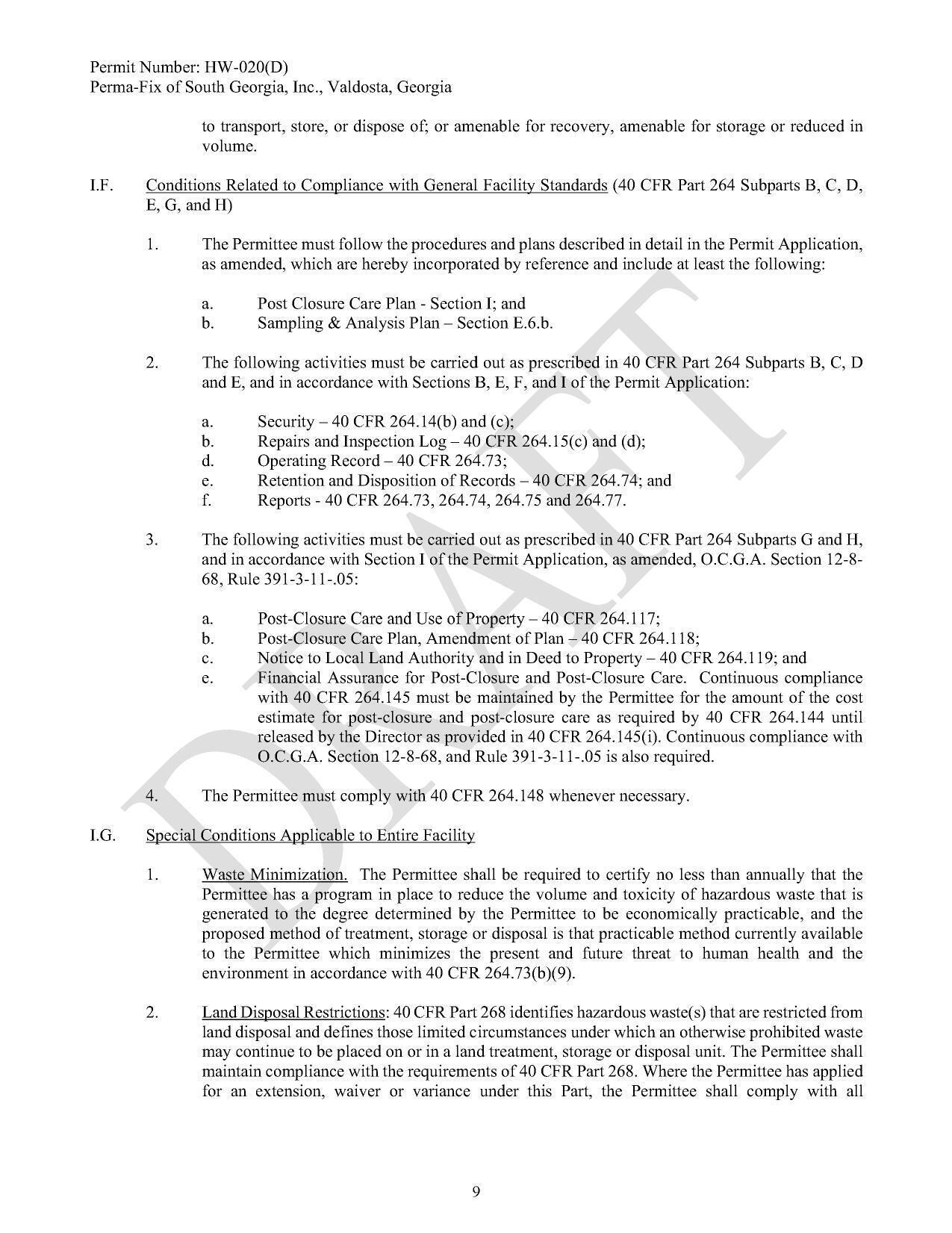 I.F. Conditions Related to Compliance with General Facility Standards