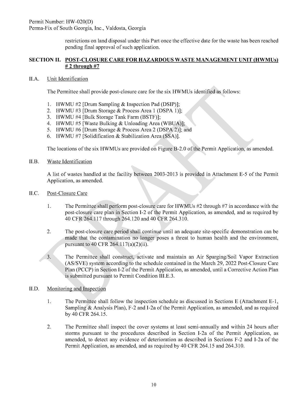 SECTION II. POST-CLOSURE CARE FOR HAZARDOUS WASTE MANAGEMENT UNIT (HWMUs)