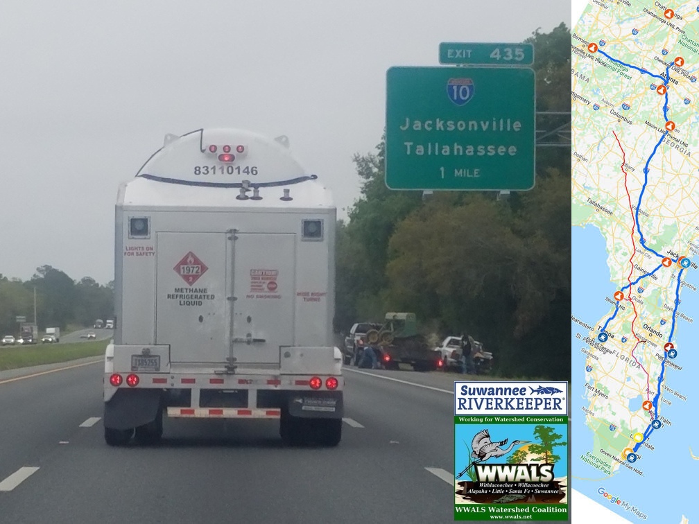 LNG tanker truck on I-75 turning onto I-10 for Jacksonville, LNG export map by WWALS