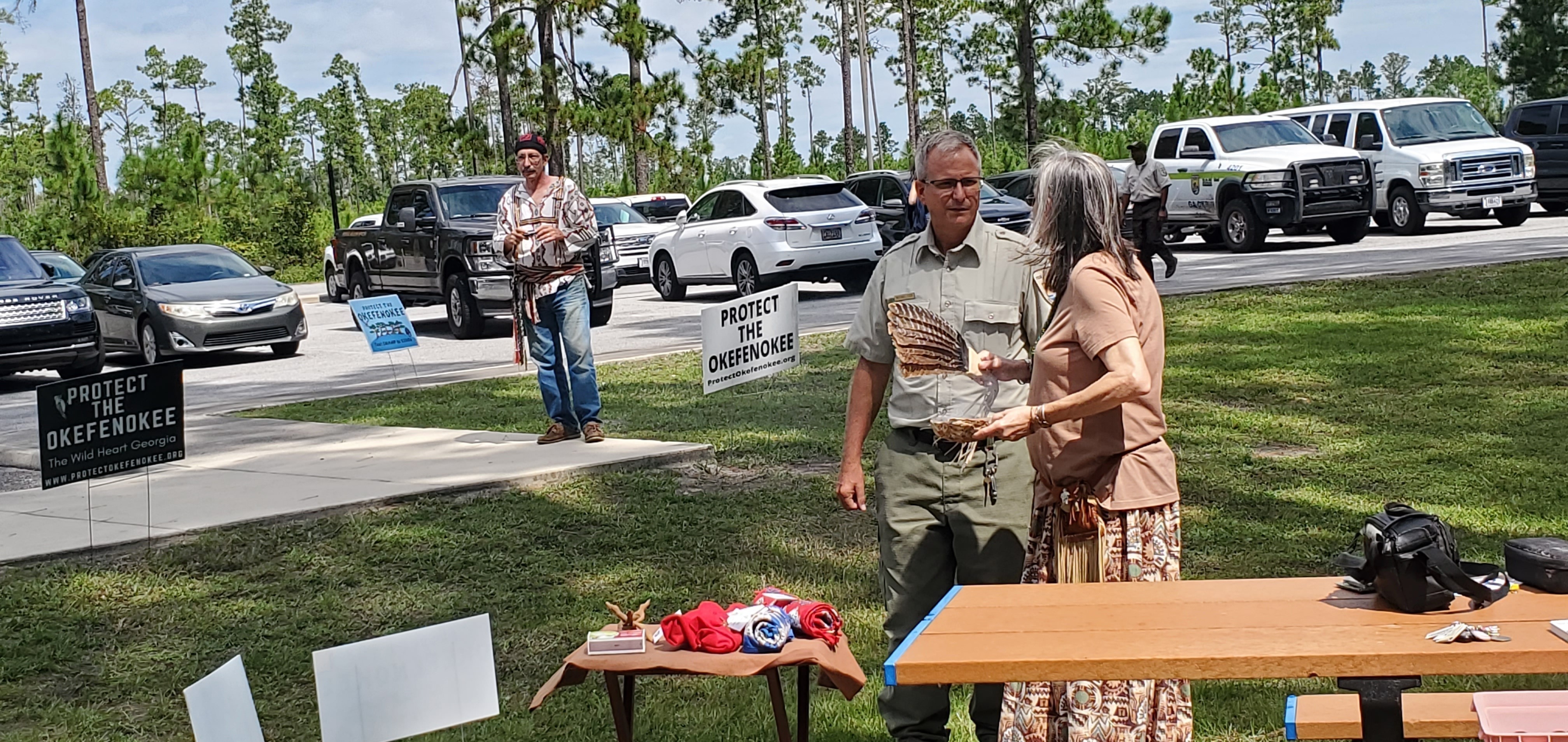 Mike Lusk, Manager, Okefenokee NWR and MarthaJane Winkler, Cherokee Tribe of GA, 12:04:53, 30.7389098, -82.1394010