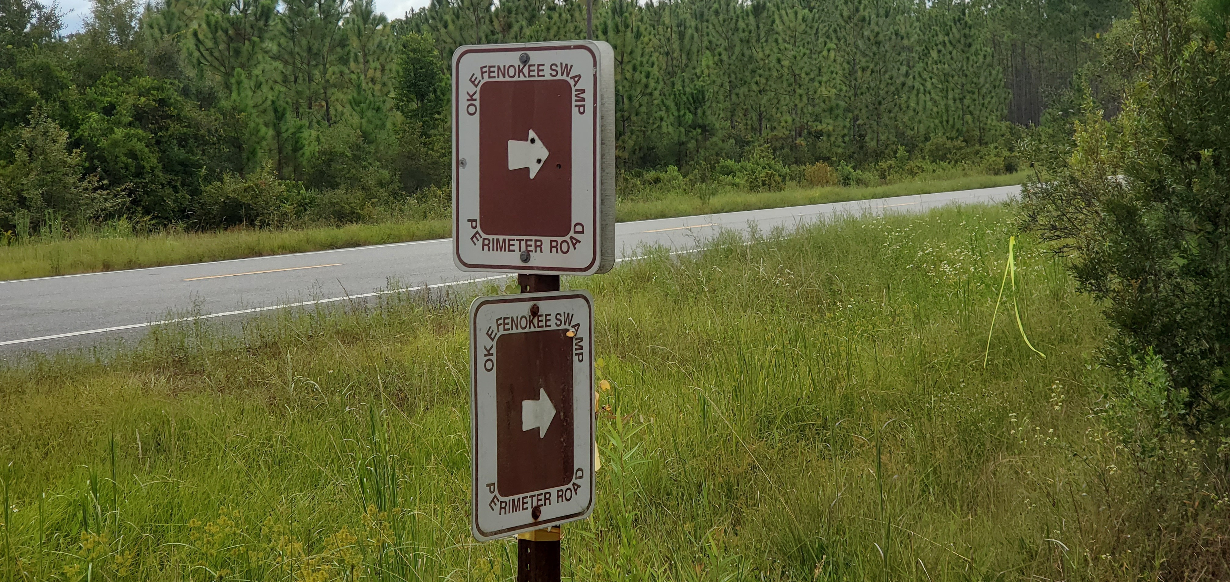 Signs: Okefenokee Swamp Perimeter Road, CR 6 @ FL 2, 15:33:06, 30.5309066, -82.3116612