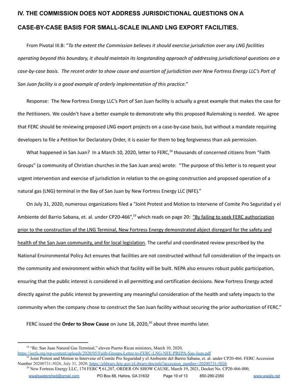 Page 10: IV. THE COMMISSION DOES NOT ADDRESS JURISDICTIONAL QUESTIONS ON A CASE-BY-CASE BASIS FOR SMALL-SCALE INLAND LNG EXPORT FACILITIES.