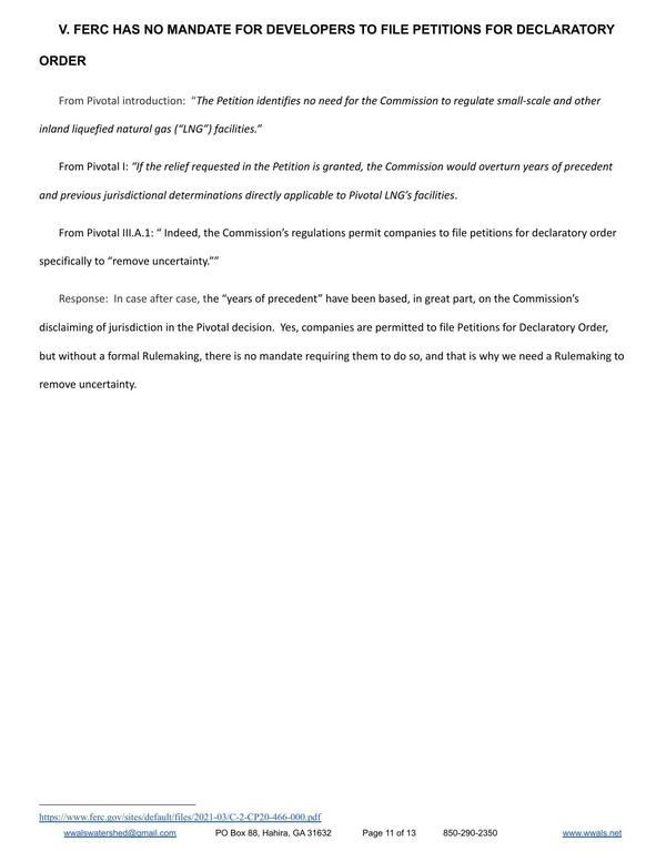 Page 11: V. FERC HAS NO MANDATE FOR DEVELOPERS TO FILE PETITIONS FOR DECLARATORY ORDER