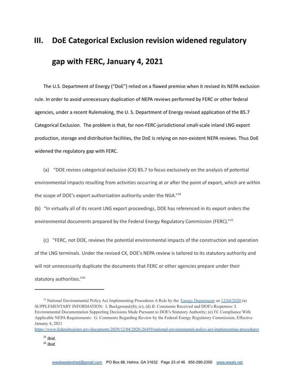 III. DoE Categorical Exclusion revision widened regulatory gap with FERC, January 4, 2021