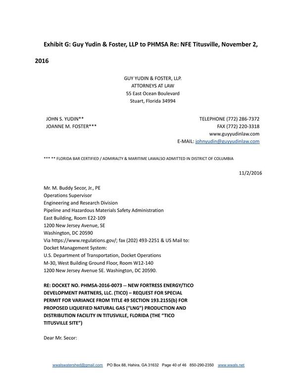 Exhibit G: Guy Yudin & Foster, LLP to PHMSA Re: NFE Titusville, November 2, 2016