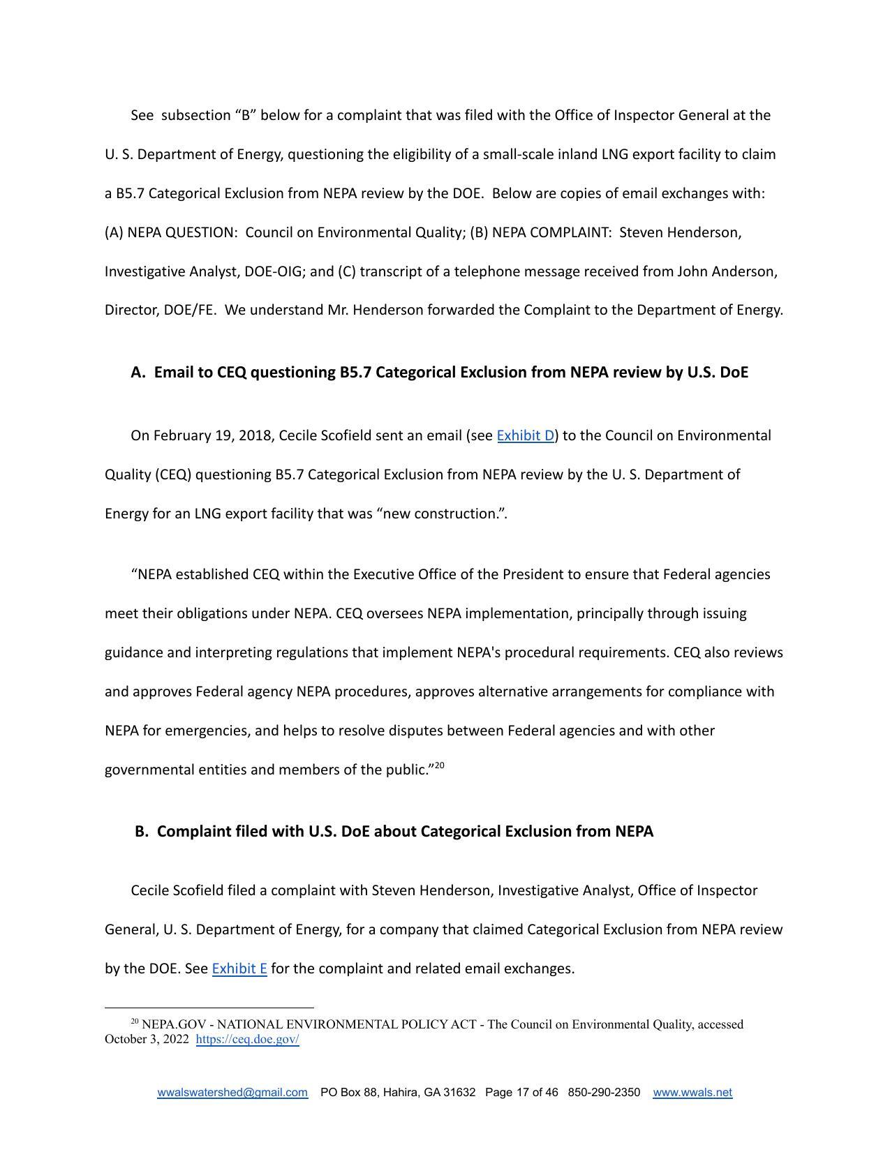 B. Complaint filed with U.S. DoE about Categorical Exclusion from NEPA