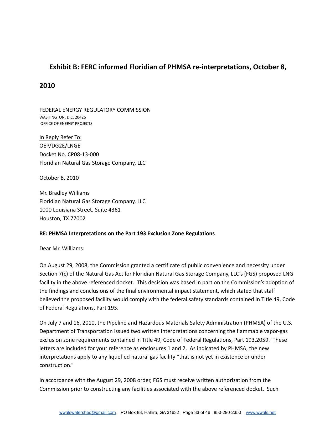 Exhibit B: FERC informed Floridian of PHMSA re-interpretations, October 8, 2010