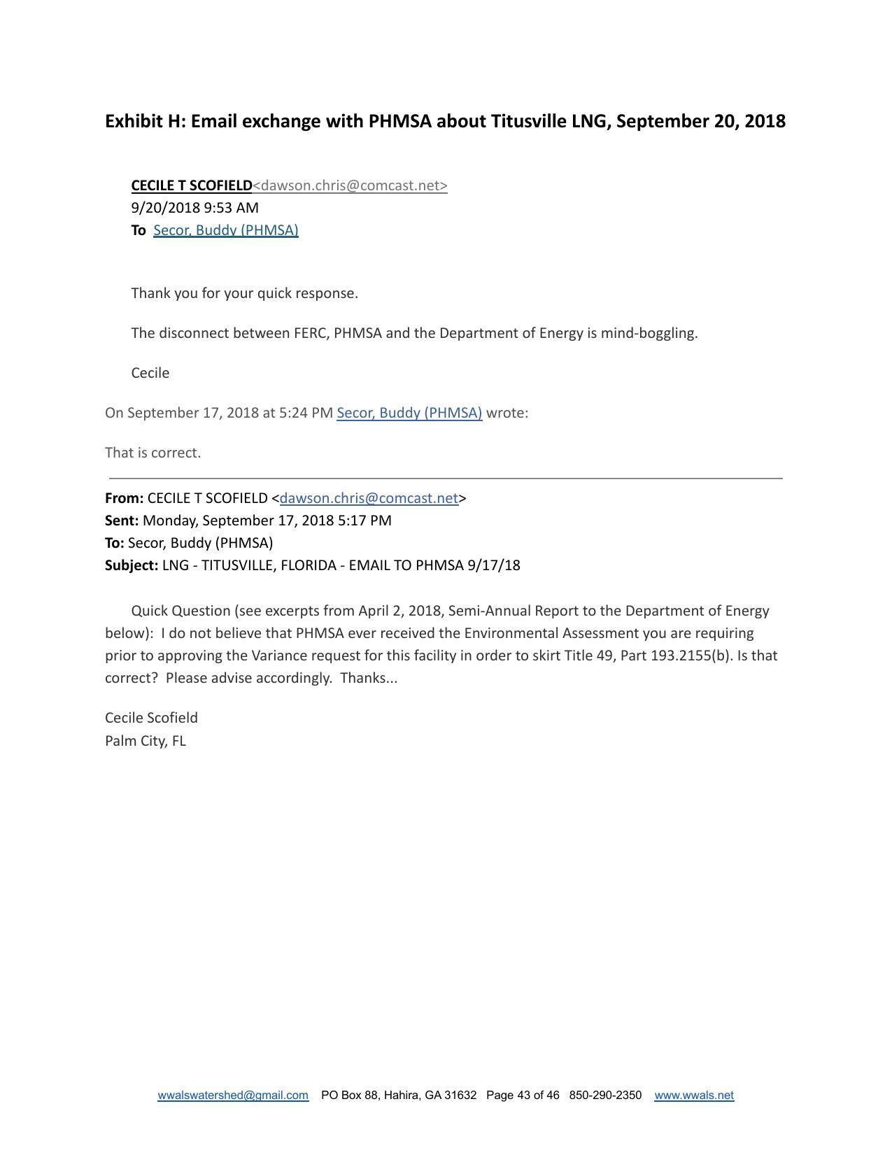 Exhibit H: Email exchange with PHMSA about Titusville LNG, September 20, 2018