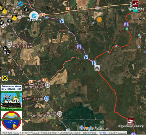 Map: Quitman LAS down Okapilco Creek to Knights Ferry Boat Ramp on the Withlacoochee River --WLRWT 2025-03-16