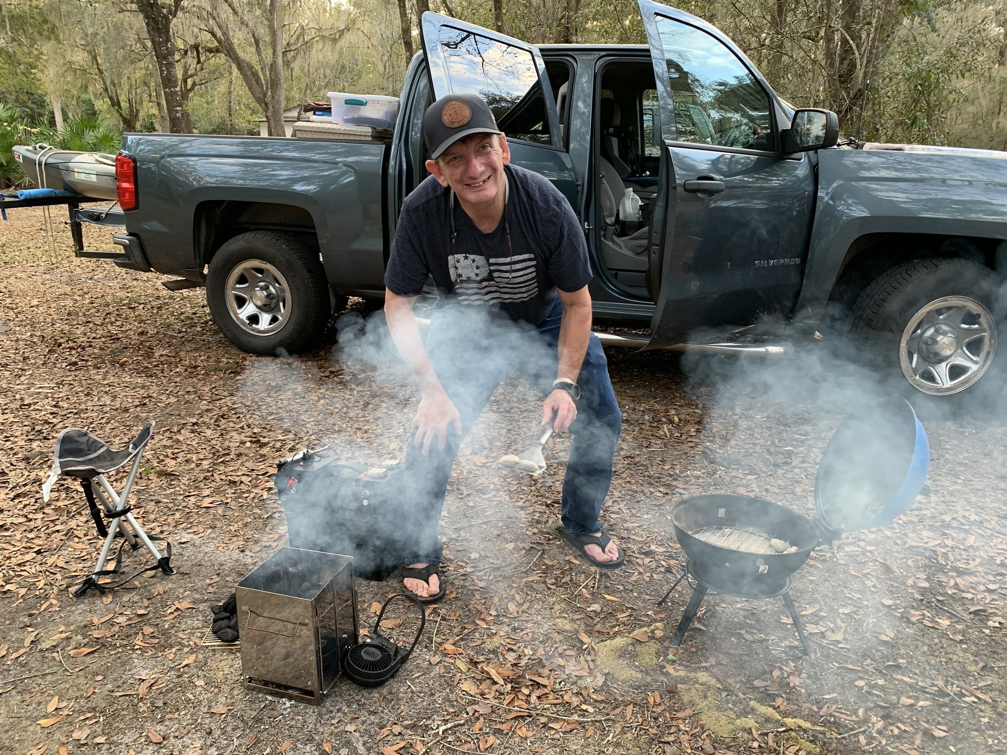 If 2 stoves aren't enough, Phil Royce also cooks on his truck engine