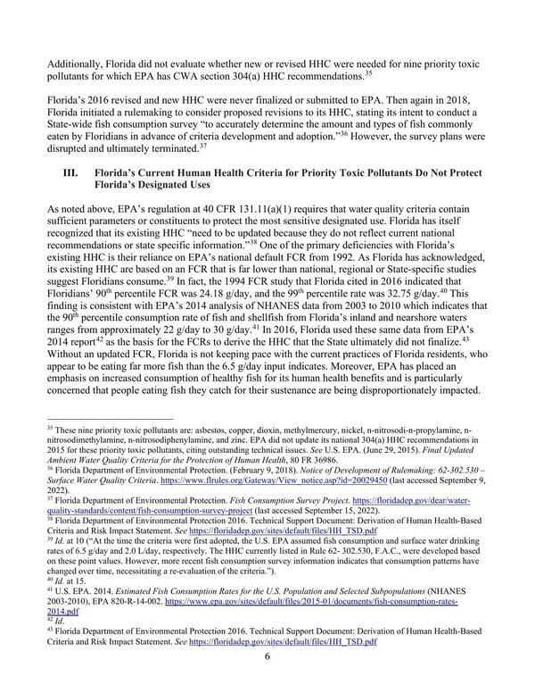 III. Florida’s Current Human Health Criteria for Priority Toxic Pollutants Do Not Protect Florida’s Designated Uses