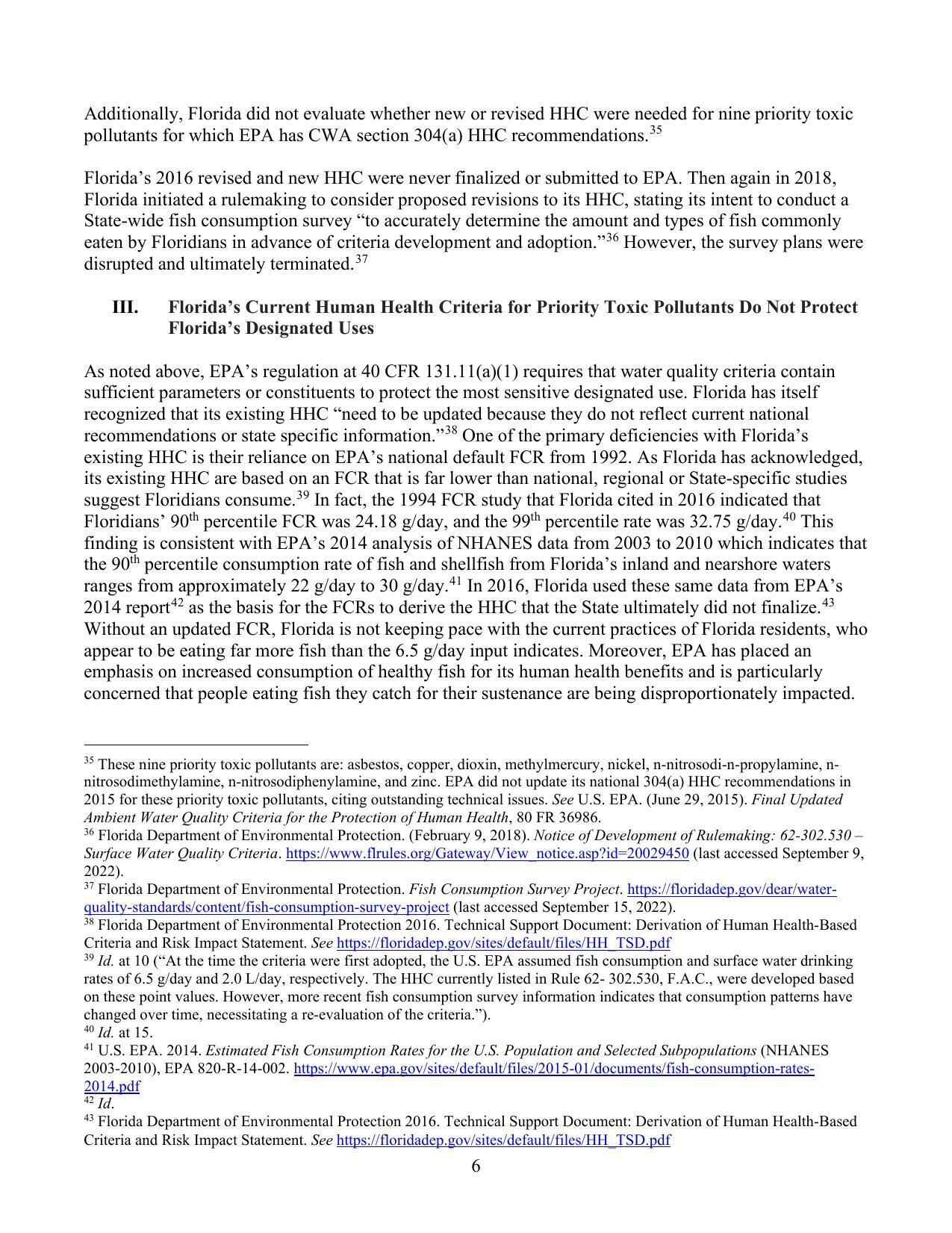 III. Florida’s Current Human Health Criteria for Priority Toxic Pollutants Do Not Protect Florida’s Designated Uses