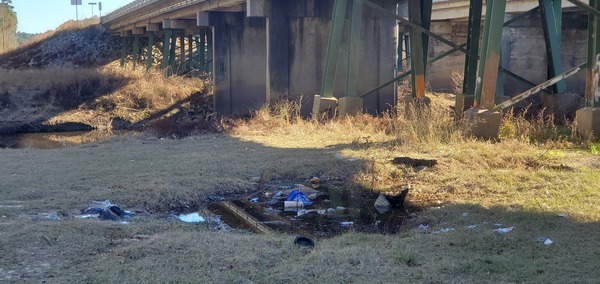 Trash under US 41 Bridge, Withlacoochee River, 2023:01:06 15:46:29, 30.8930725, -83.3190215