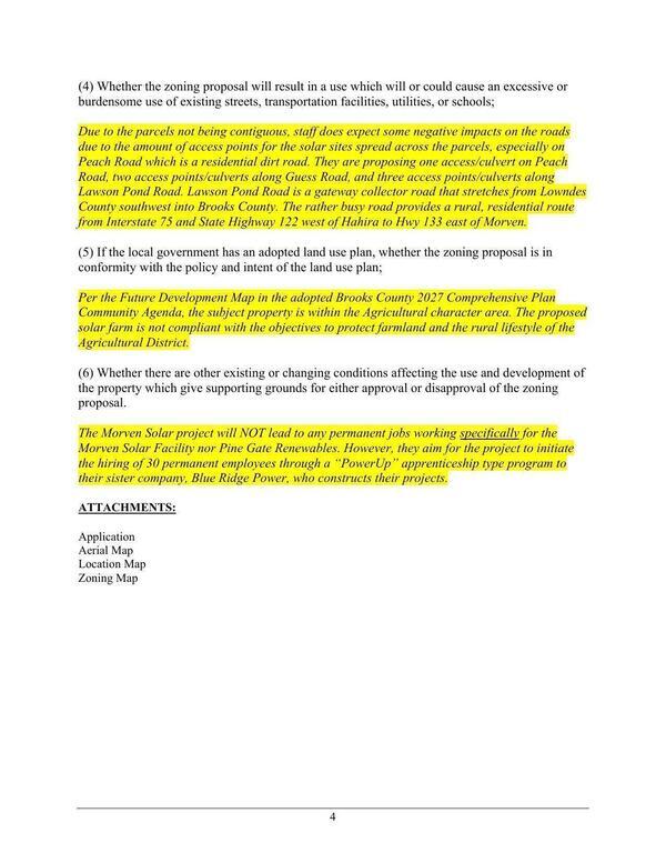 Staff Analysis: no permanent jobs, roads not contiguous, solar farm not compliant with protecting farmland and rural lifestyle