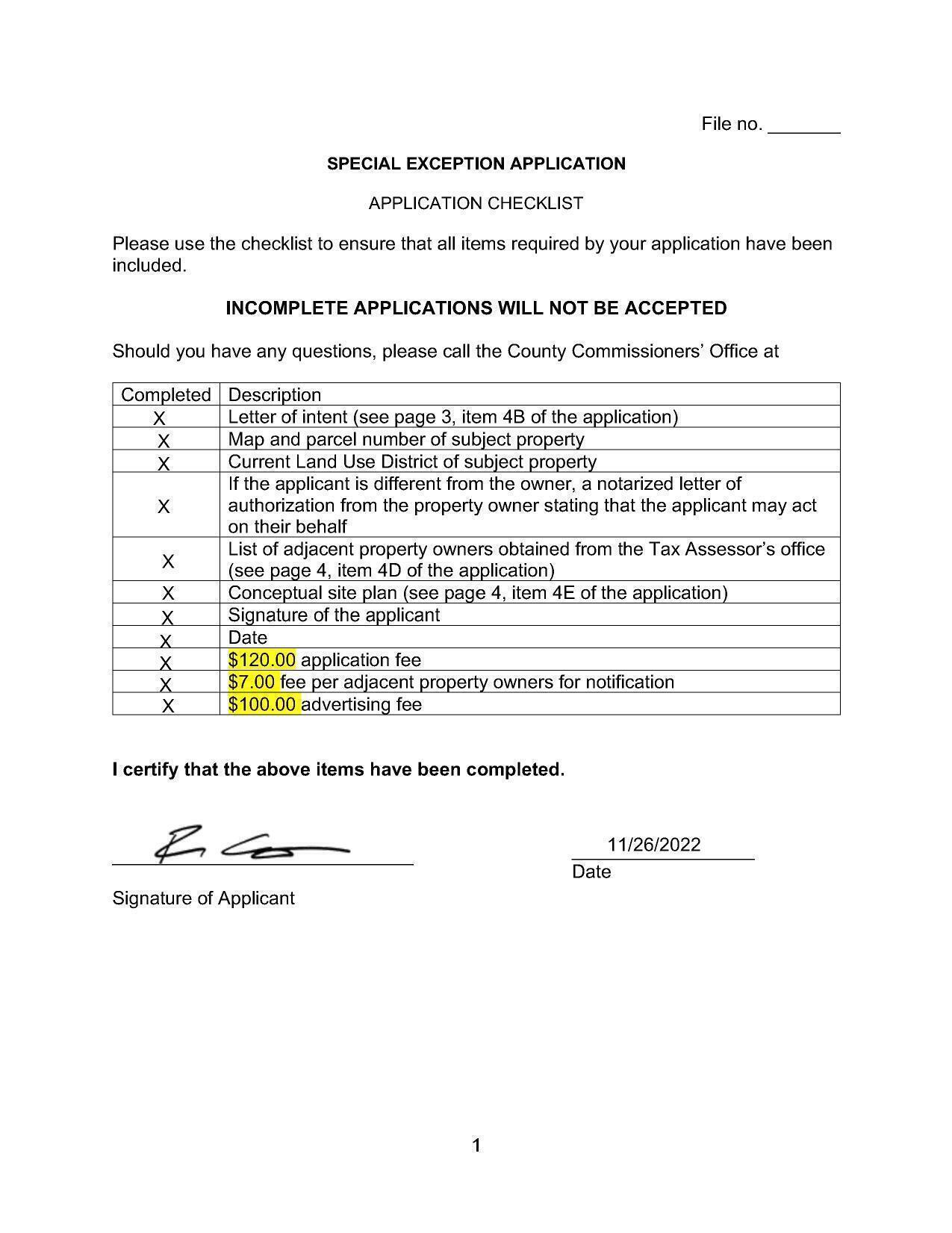 Checklist with fees