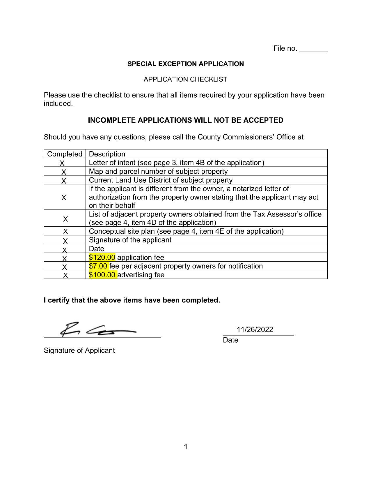 Checklist with fees