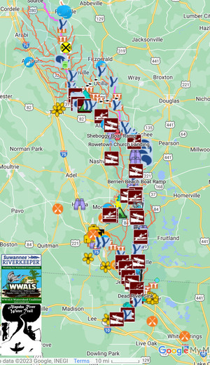 [Map: Rochelle upstream of the Alapaha River Water Trail]