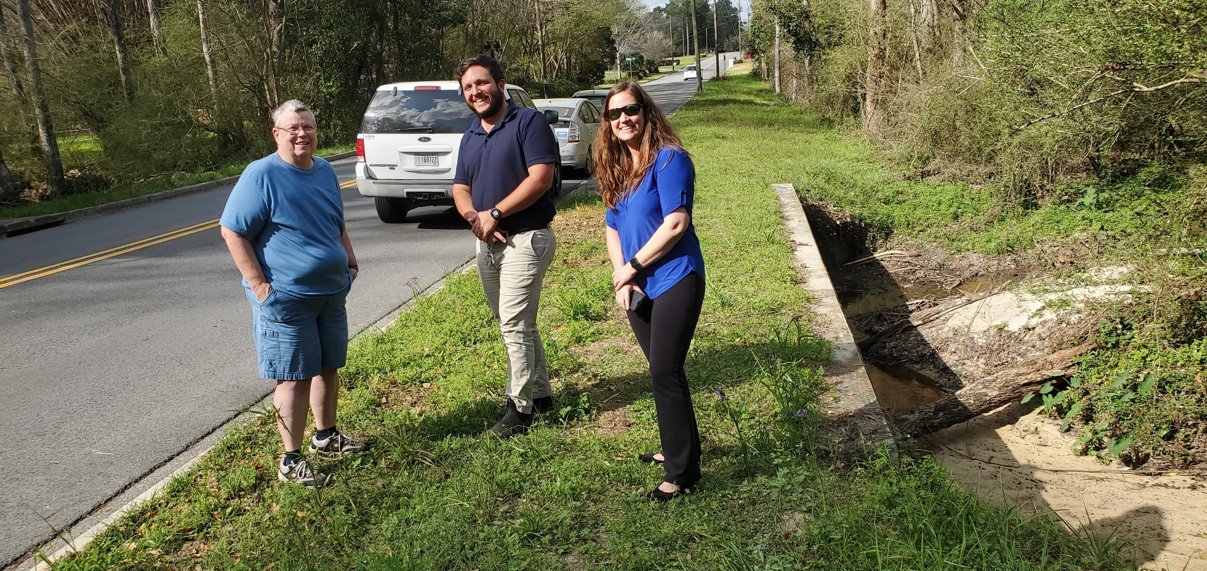 Neighbor Jan Powell, City Engineer Benjamin O'Dowd, Stormwater Manager Angela Bray, Two Mile Branch @ Berkley Drive 2023-02-27