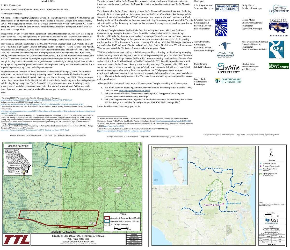 GA Riverkeepers letter for Okefenokee Swamp against strip mine 2023-03-09