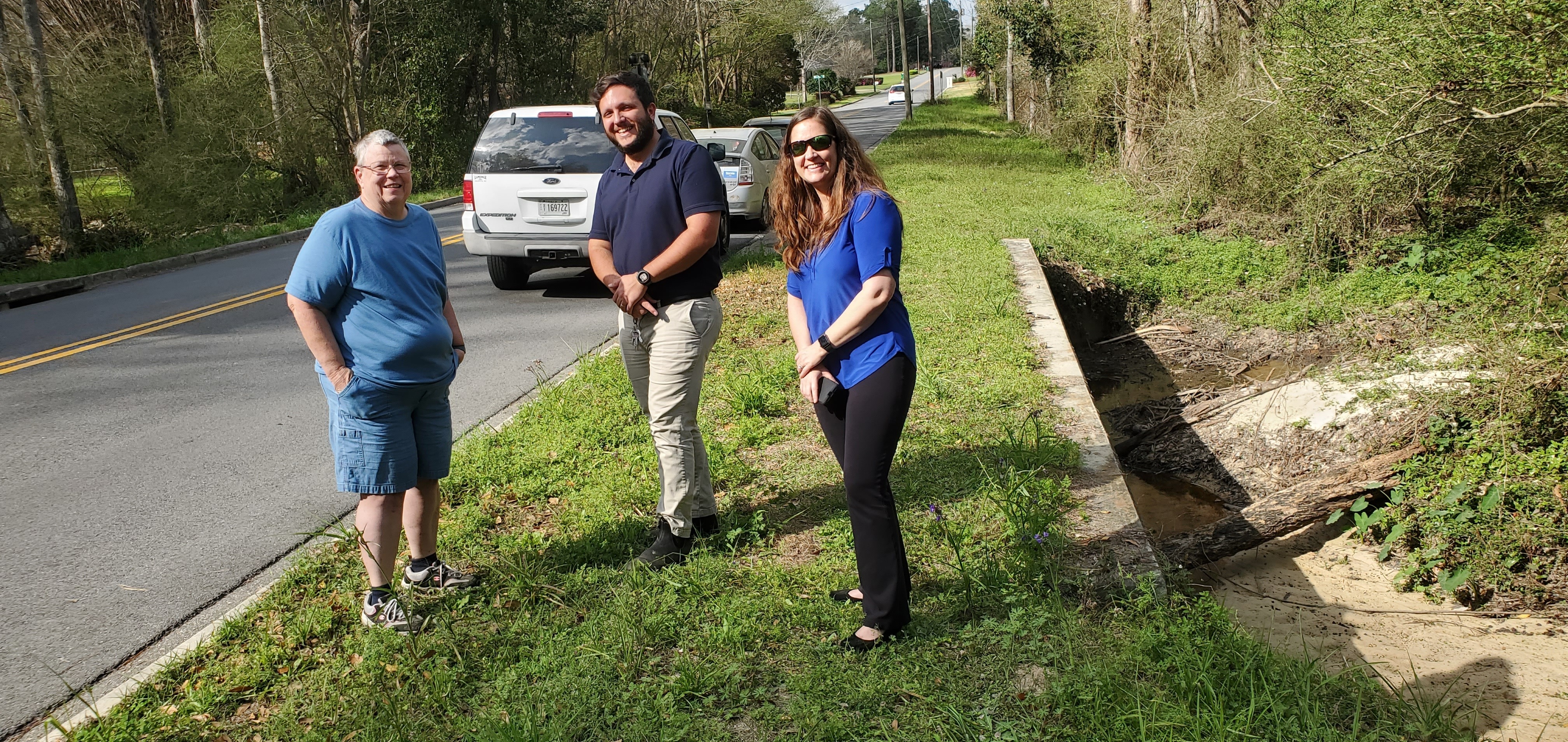 Neighbor Jan Powell, City Engineer Benjamin O'Dowd, Stormwater Manager Angela Bray, Two Mile Branch @ Berkley Drive