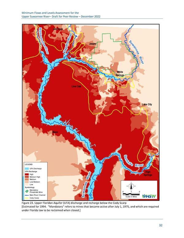 Figure 23. Upper Floridan Aquifer (UFA) discharge and recharge below the Cody Scarp [Estimated for 1994. “Mandatory” refers to mines that became active after July 1, 1975, and which are required under Florida law to be reclaimed when closed.]