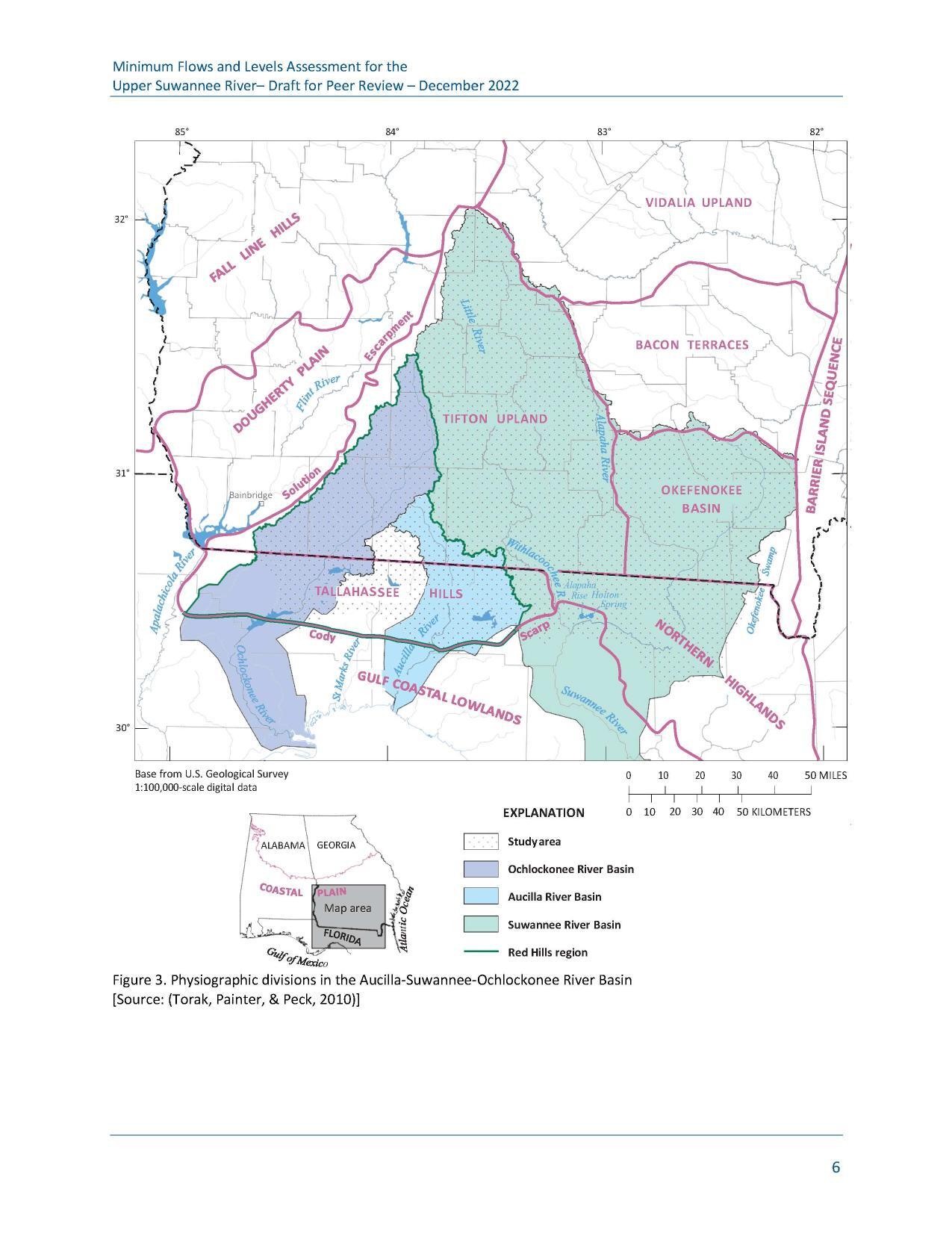 Figure 3. Physiographic divisions in the Aucilla-Suwannee-Ochlockonee River Basin [Source: (Torak, Painter, & Peck, 2010)]