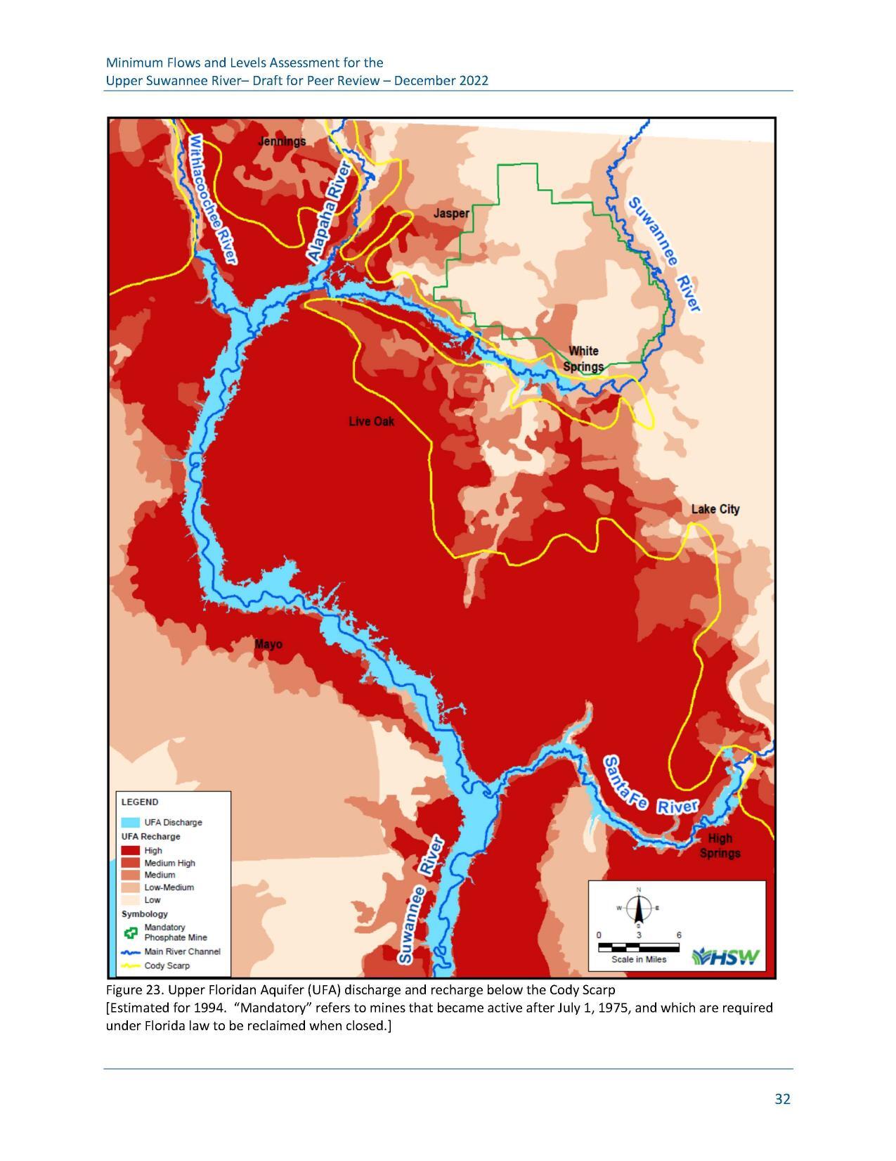 Figure 23. Upper Floridan Aquifer (UFA) discharge and recharge below the Cody Scarp [Estimated for 1994. “Mandatory” refers to mines that became active after July 1, 1975, and which are required under Florida law to be reclaimed when closed.]