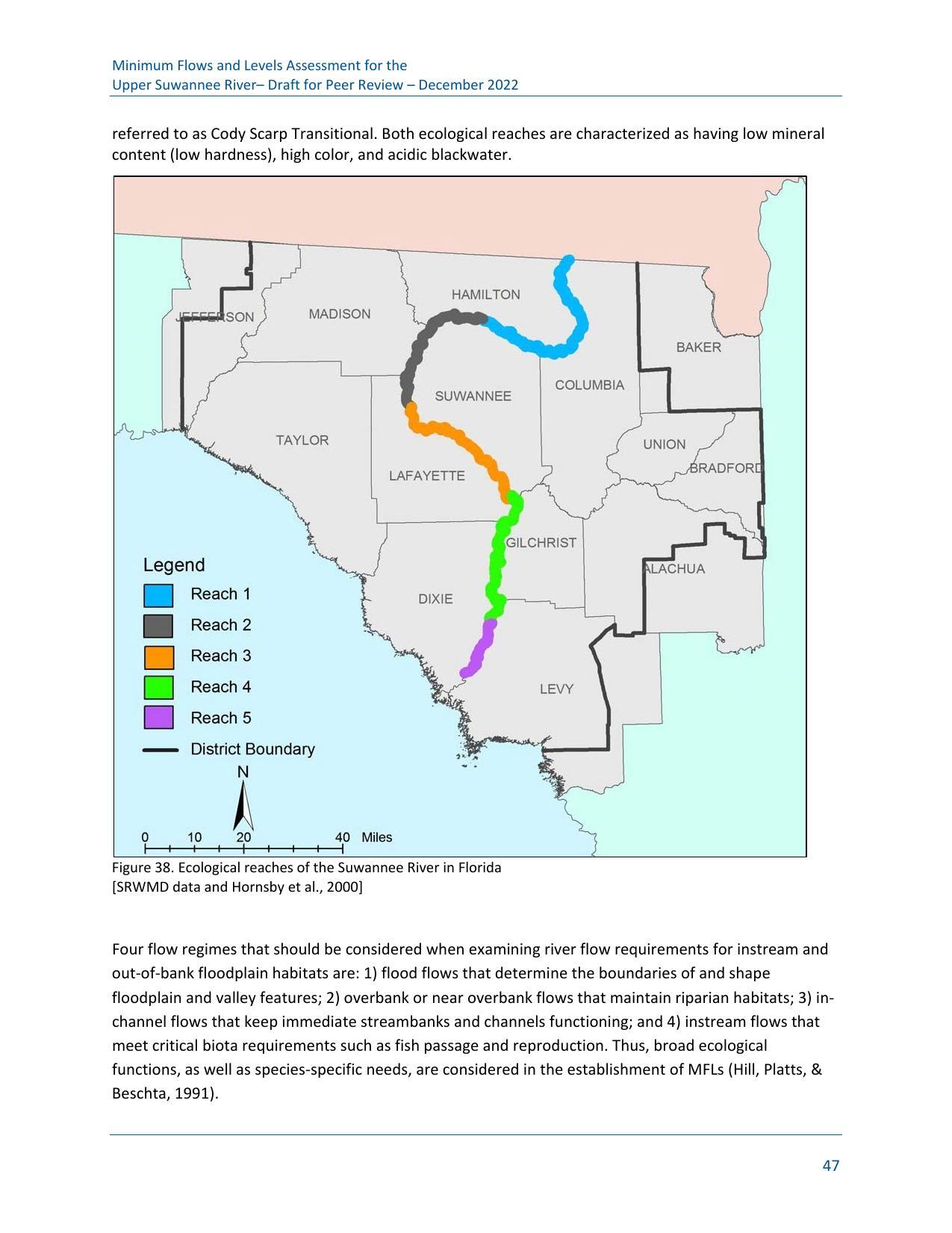 Figure 38. Ecological reaches of the Suwannee River in Florida [SRWMD data and Hornsby et al., 2000]