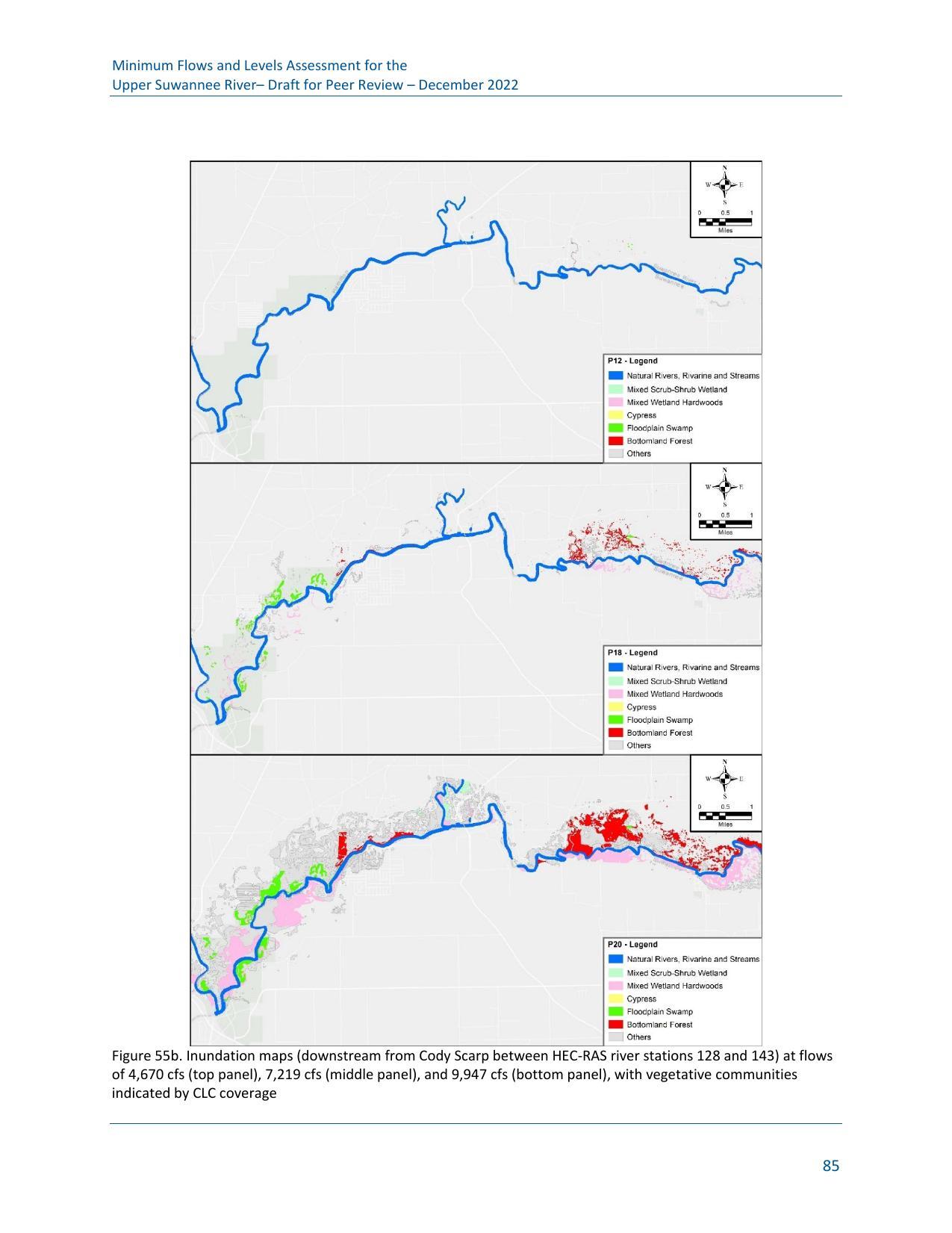 Figure 55b. Inundation maps (downstream from Cody Scarp between HEC-RAS river stations 128 and 143) at flows of 4,670 cfs (top panel), 7,219 cfs (middle panel), and 9,947 cfs (bottom panel), with vegetative communities indicated by CLC coverage