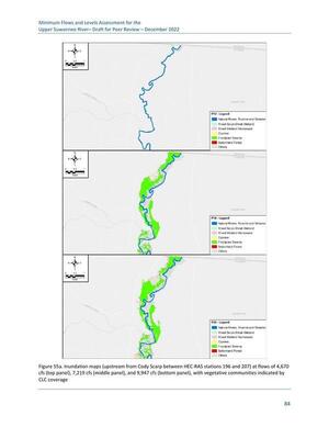 [Figure 55a. Inundation maps (upstream from Cody Scarp between HEC-RAS stations 196 and 207) at flows of 4,670 cfs (top panel), 7,219 cfs (middle panel), and 9,947 cfs (bottom panel), with vegetative communities indicated by CLC coverage]