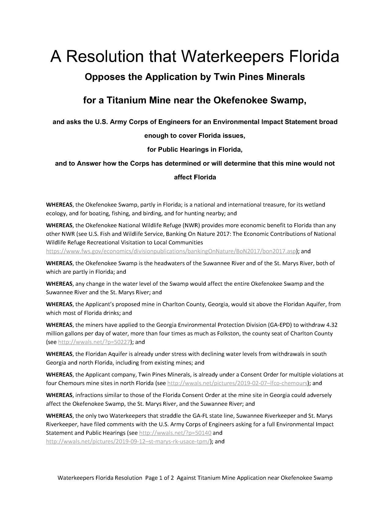 A Resolution that Waterkeepers Florida Opposes the Application by Twin Pines Minerals for a Titanium Mine near the Okefenokee Swamp