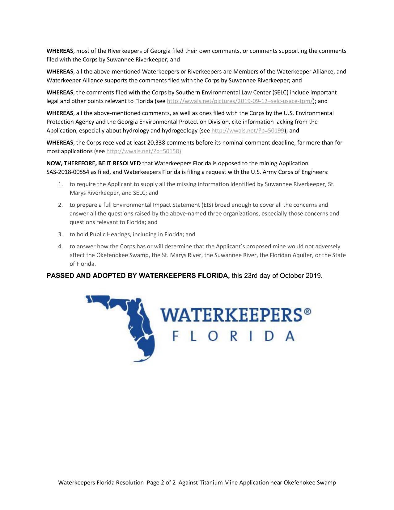 PASSED AND ADOPTED BY WATERKEEPERS FLORIDA, this 23rd day of October 2019.