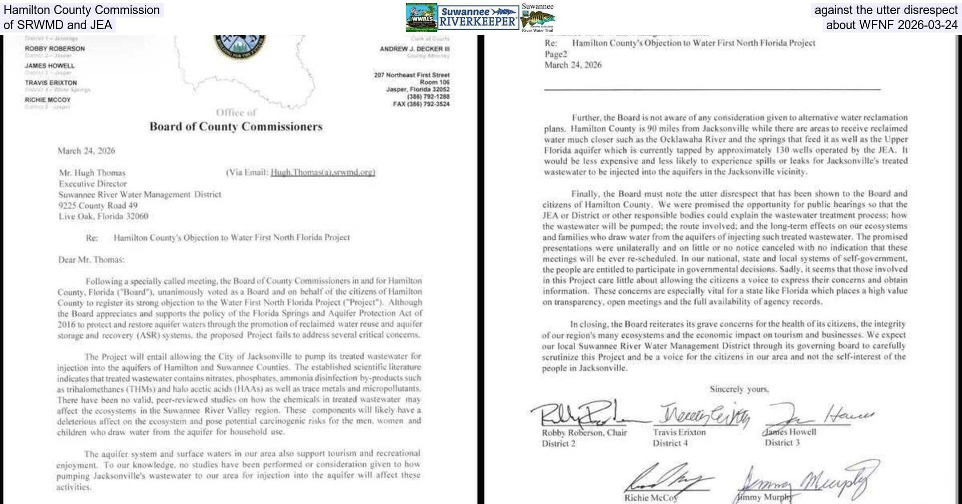 [Hamilton County Commission against the utter disrespect of SRWMD and JEA about WFNF 2026-03-24]