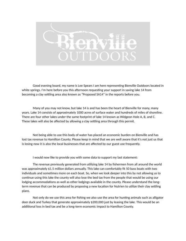 [Lee Spears ... representing Bienville Outdoors ... requesting your support in saving lake 14 from becoming a clay settling area also known as “Proposed SA14” in the reports before you.]