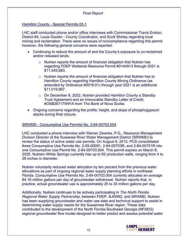 Hamilton County - Special Permits 03-1; SRWMD - Consumptive Use Permits No. 2-84-00703.004