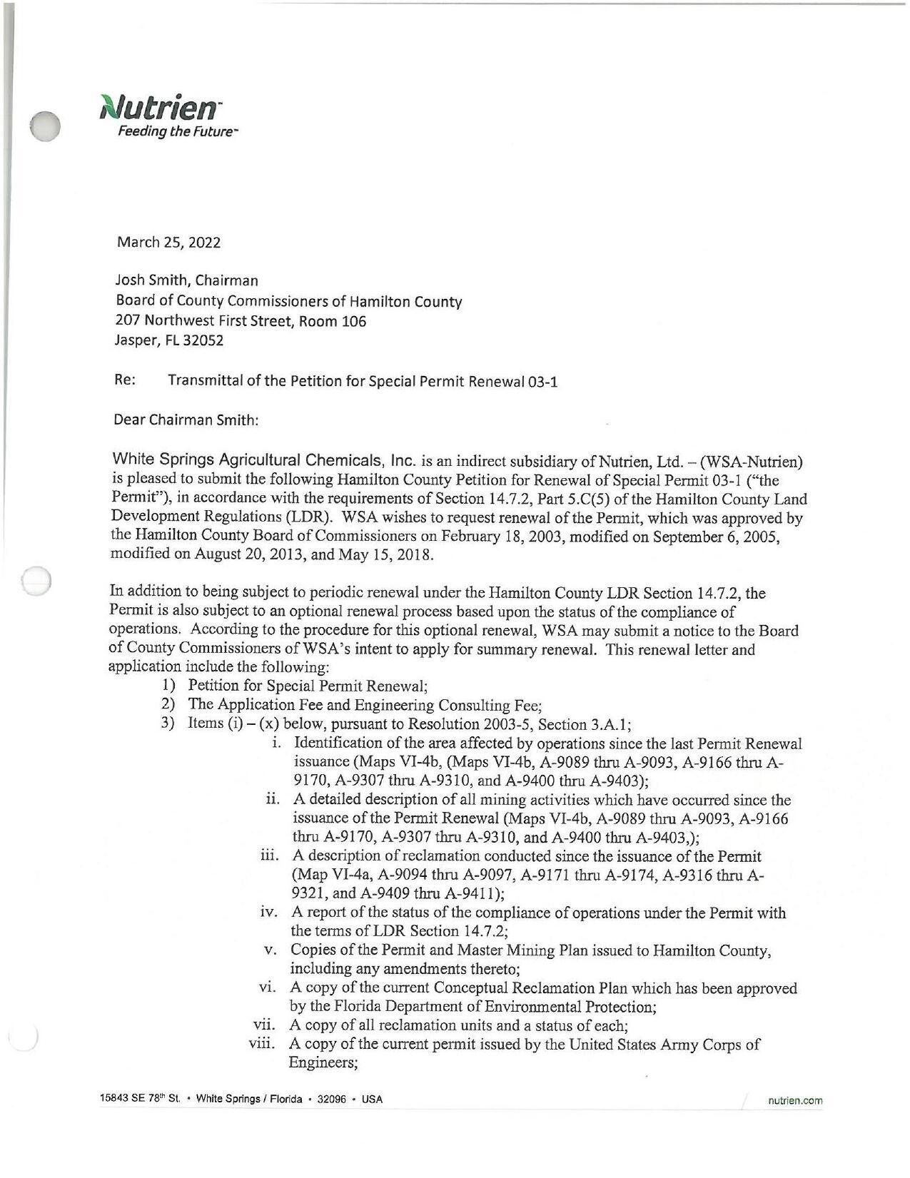 Transmittal of the Petition for Special Permit Renewal 03-1