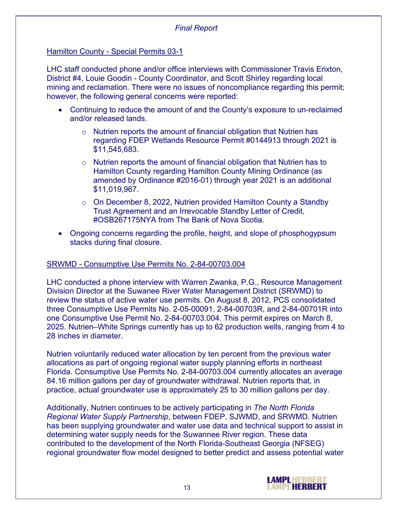 Hamilton County - Special Permits 03-1; SRWMD - Consumptive Use Permits No. 2-84-00703.004