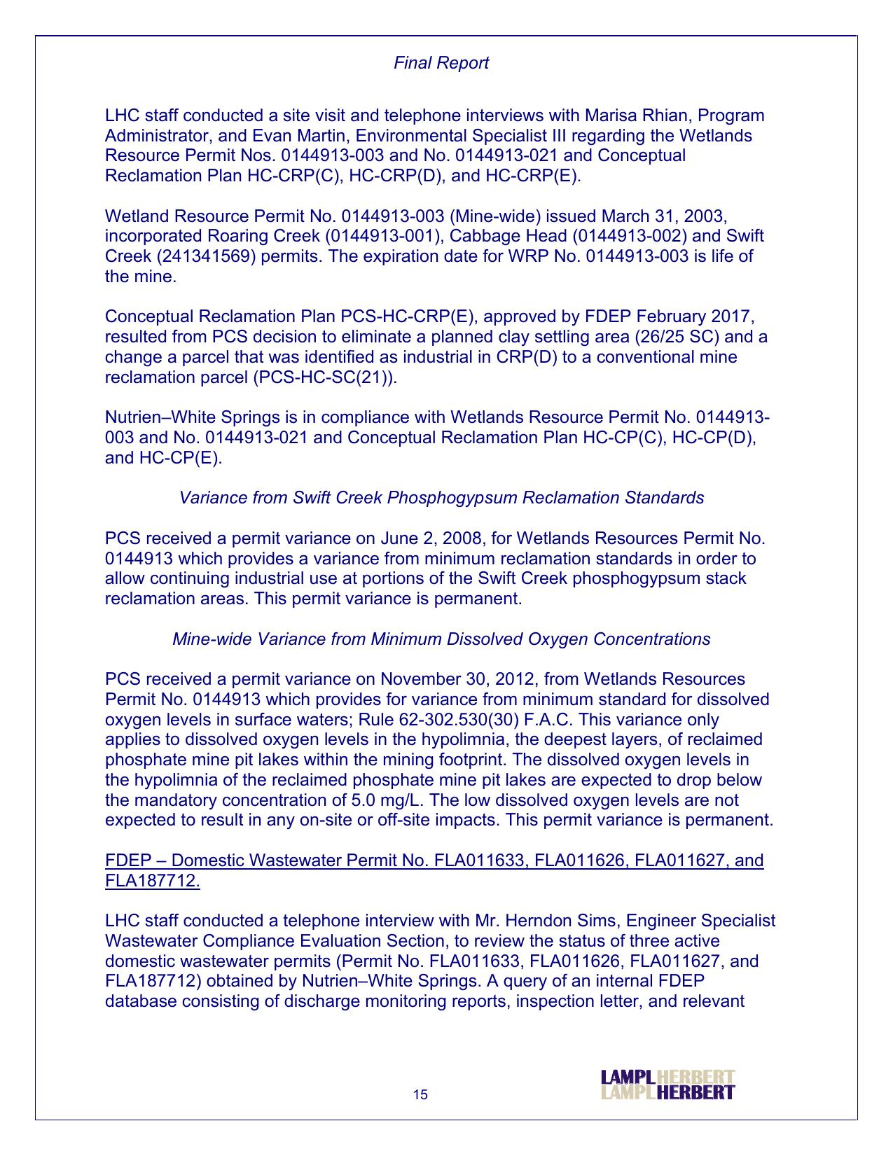 FDEP — Domestic Wastewater Permit No. FLA011633, FLA011626, FLA011627, and FLA187712.