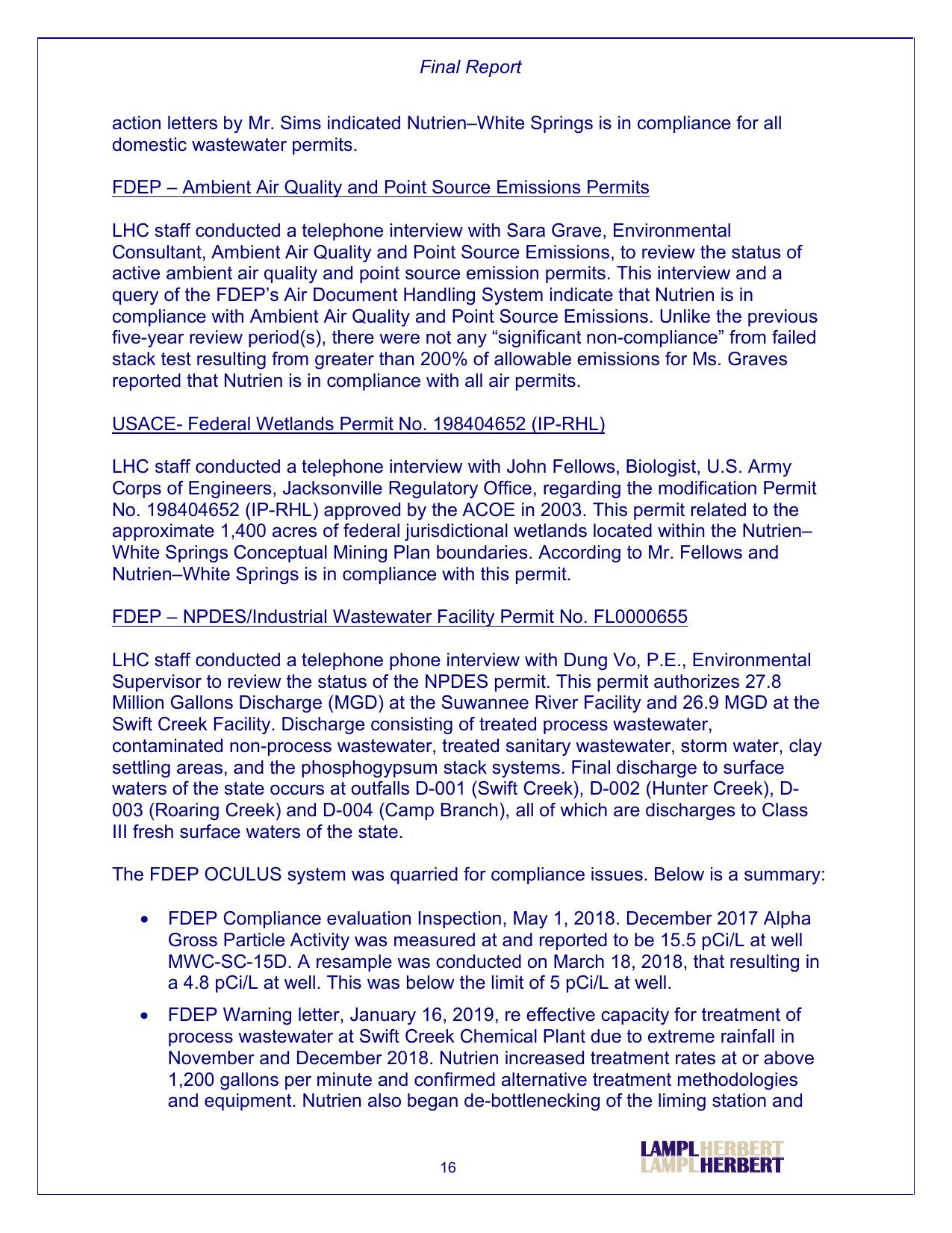 FDEP — Ambient Air Quality and Point Source Emissions Permits; USACE- Federal Wetlands Permit No. 198404652 (IP-RHL); FDEP — NPDES/Industrial Wastewater Facility Permit No. FLO000655